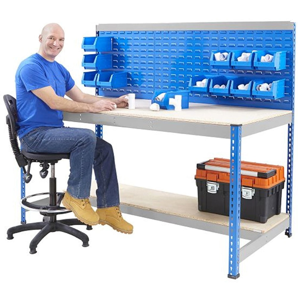 Blue and Galvanised Workstation With Louvre Panel & Chipboard Shelf with or without Bins