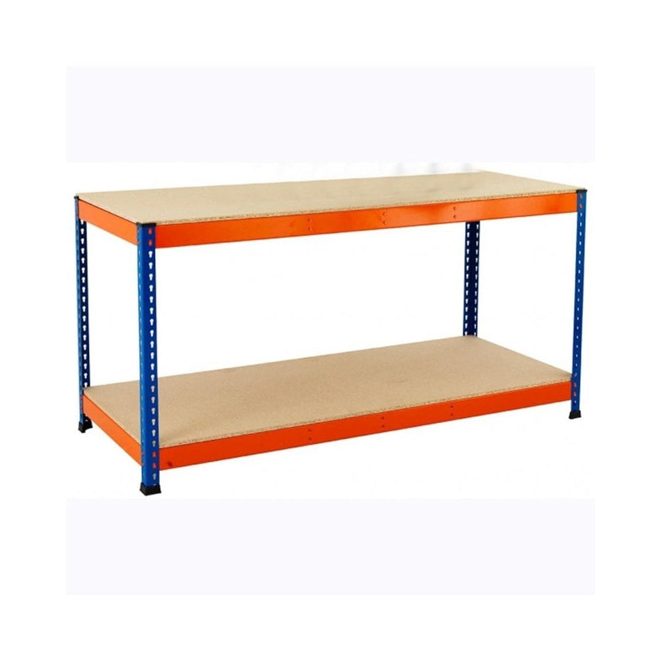 2 Level Workbenches with Reversible Chipboard Tops Orange & Blue