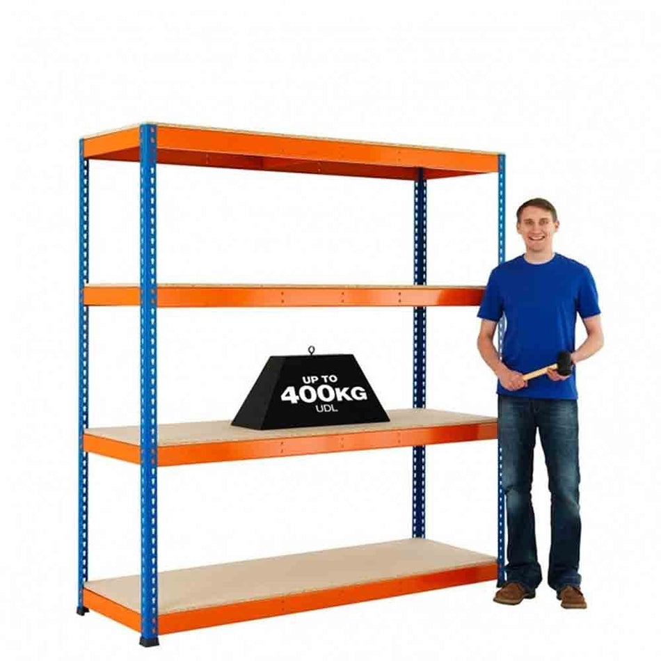 1980mm High Blue & Orange High Shelving with Chipboard Shelves