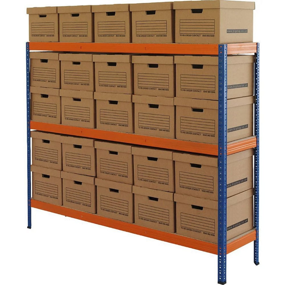Archive Shelving Storage Kits 1765h x 1800w x 450d mm 3 Levels Blue & Orange 300kg UDL with 25x Brown Document Boxes 265h x 338w x 445d mm